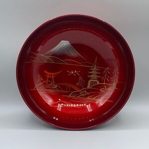 Vintage Japanese Red Lacquerware Bowl 1960s Hand-painted Mount Fuji Pagoda Torii